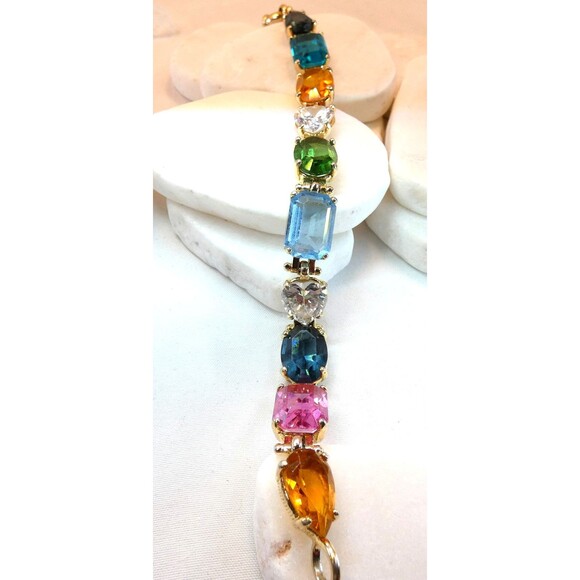 Chunky Gold Plated 925 SS Multi Color Gemstone Tennis Bracelet 7.25" - Picture 7 of 8
